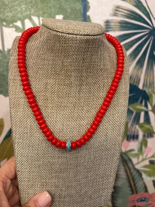 Red Beaded Necklace with Turquoise Accent