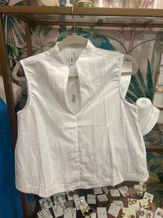 White Stand Collar V Neck Top