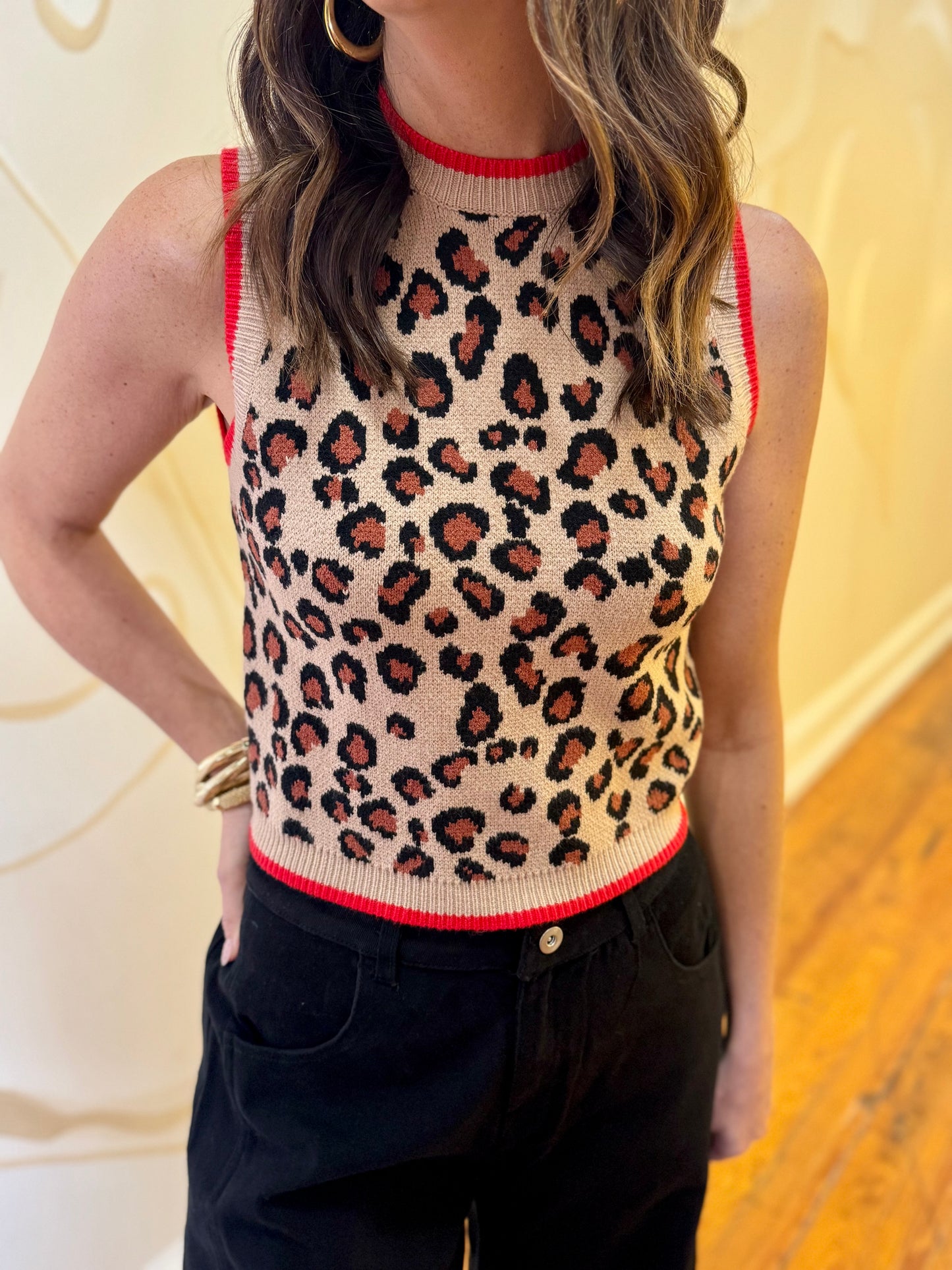 Leopard Sleeveless Red Stripped Sweater