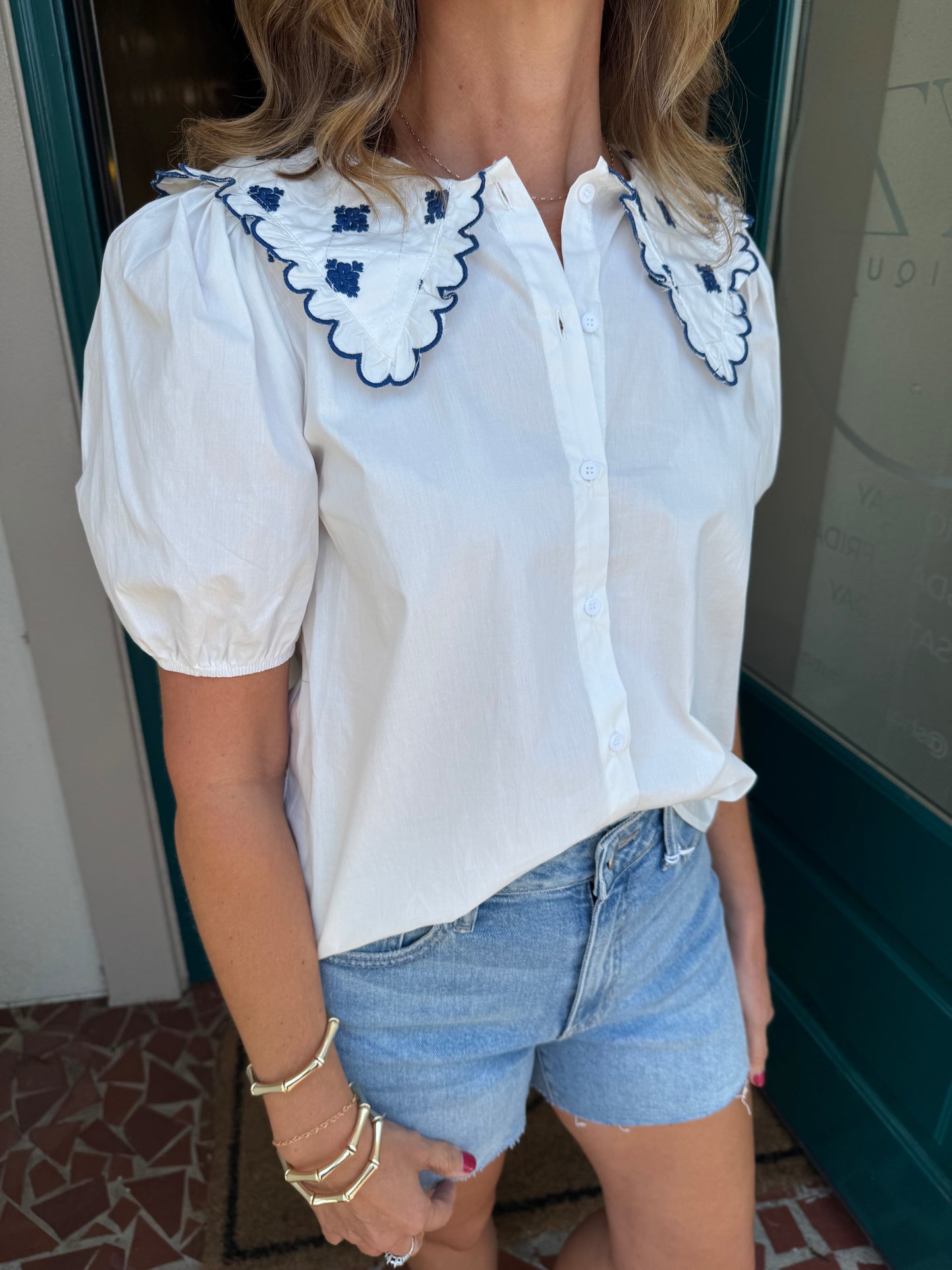 Puffed Sleeve Embroidered Button Down Top