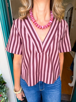 Striped V-neck Short Sleeve Top-Saturday Steal