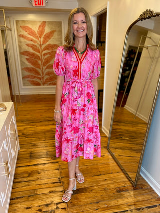 Pink Floral Waist Tie Floral Midi Dress