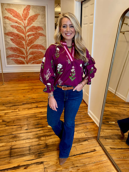 Burgundy Floral Contrast Trim Blouse