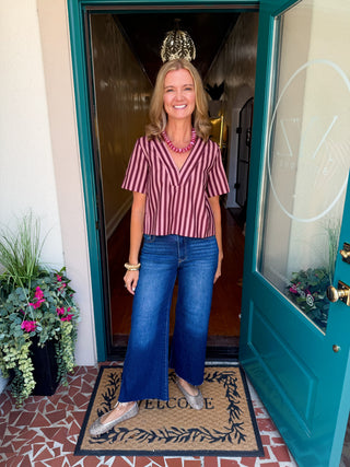 Striped V-neck Short Sleeve Top-Saturday Steal