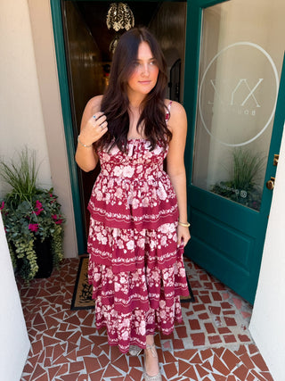 Floral Border Print Ruffle Tiered Midi Dress