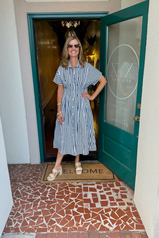 Navy Button Up Short Sleeve Striped Maxi Dress