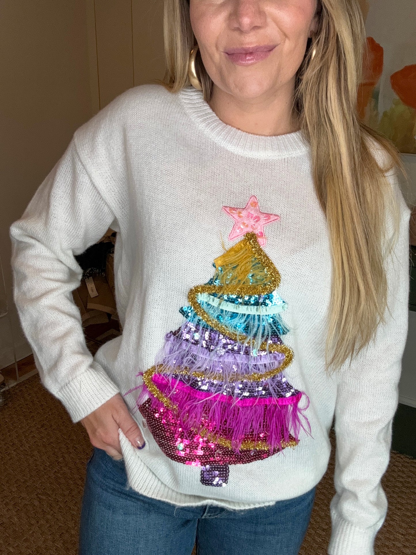 Christmas Tree Sequin/Feather Sweater