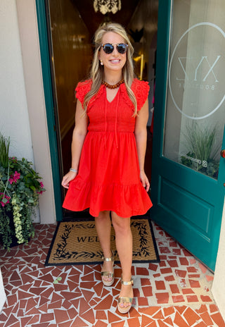 Smocked Bodice Eyelet Collar Dress