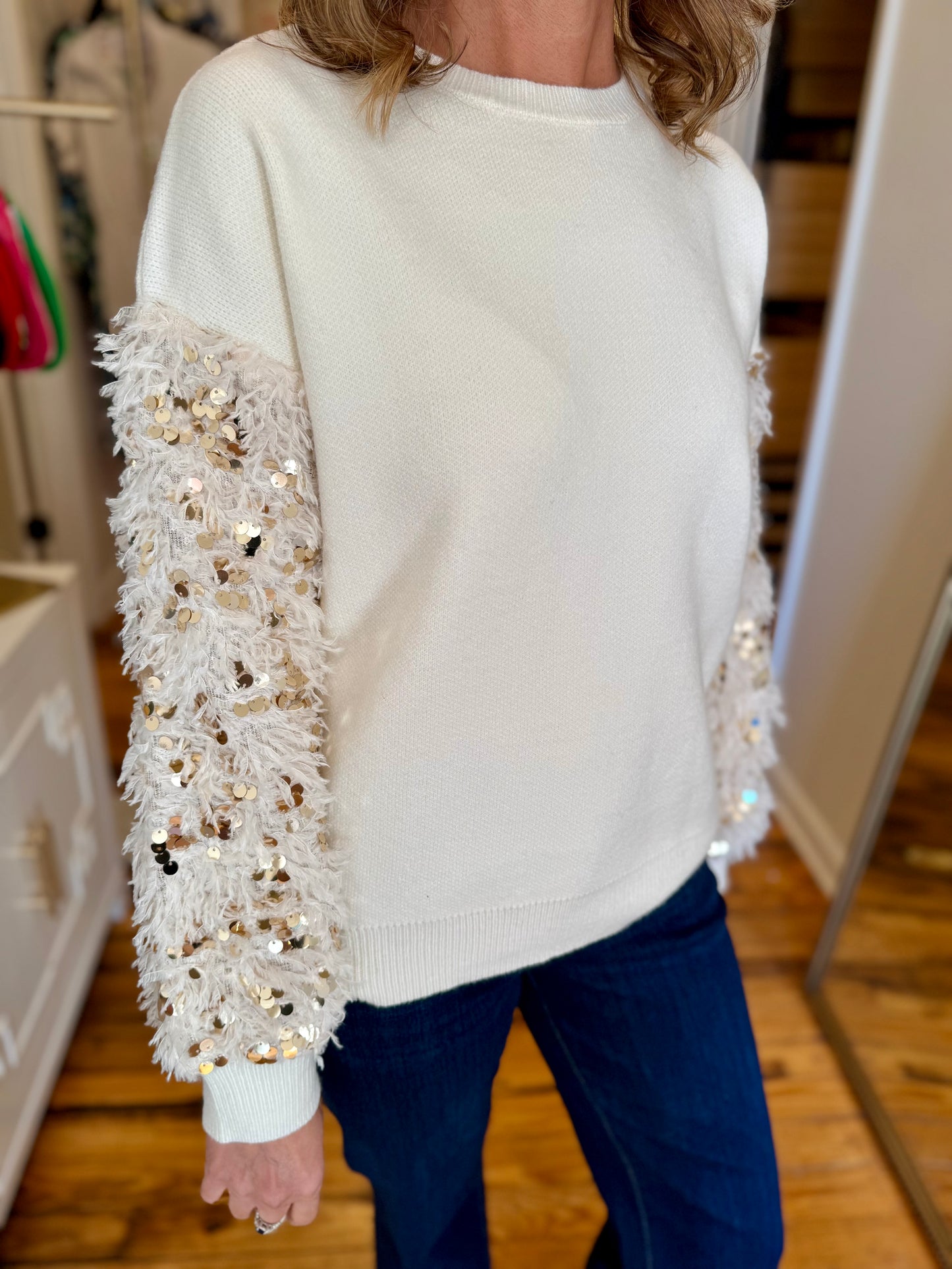 Contrast Sequin Embellished Faux Feather Sleeve Crew Neck