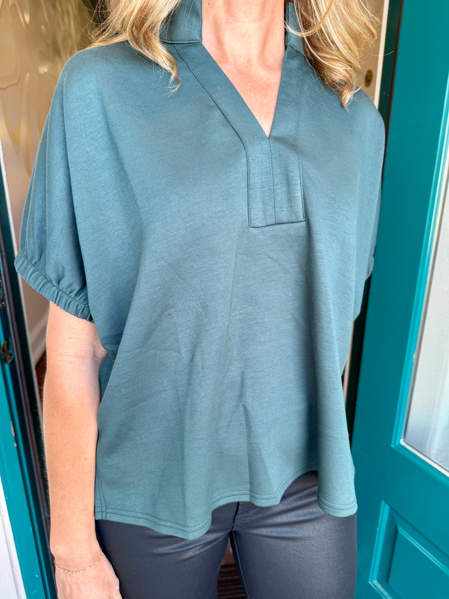 Forest Green Short V-neck Collar Band Top