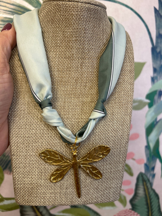 Green Stripe Dragonfly Scarf Necklace