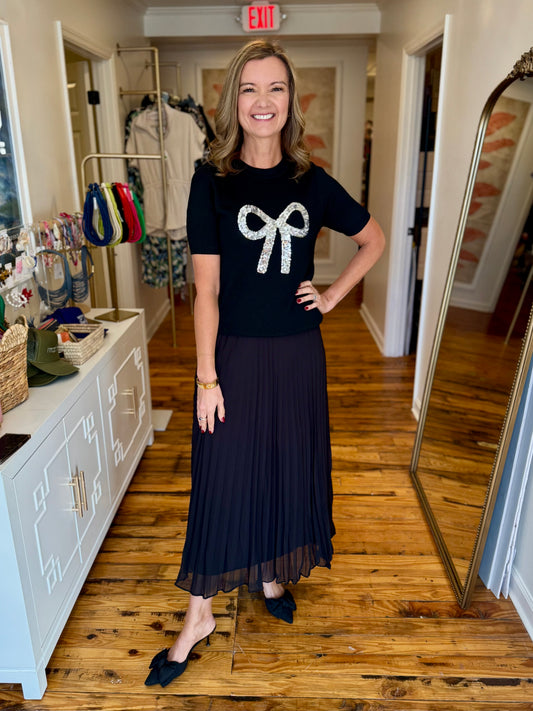 Black Sweater Knit Top With Sequin Ribbon Bow