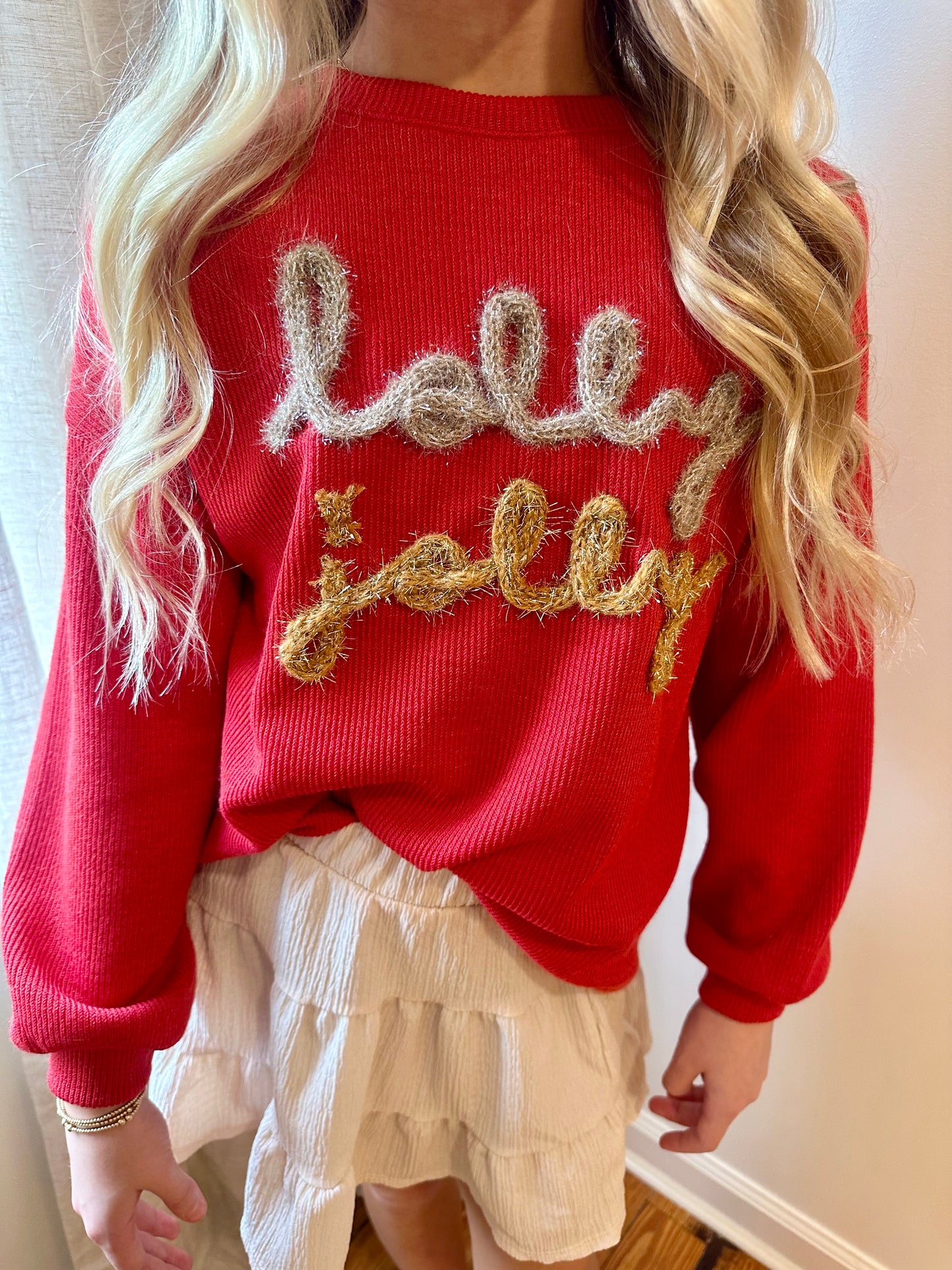 Girls Handknit Tinsel Holly Jolly Ribbed Knit Top