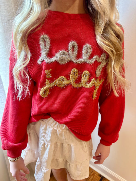 Girls Handknit Tinsel Holly Jolly Ribbed Knit Top