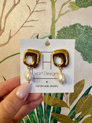 Gold Square with Dangle Pearl