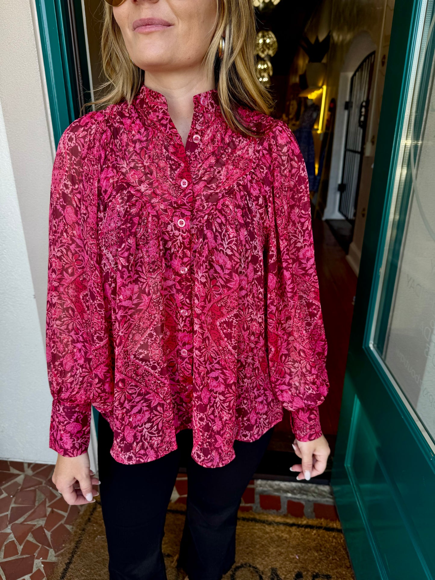 Pink and Burgundy Printed Top