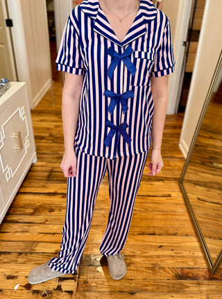 Pink and Navy Stripe Bow Tie Pajamas