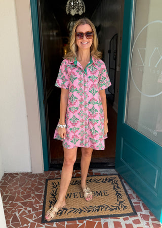 Pink Short Sleeve Floral Dress