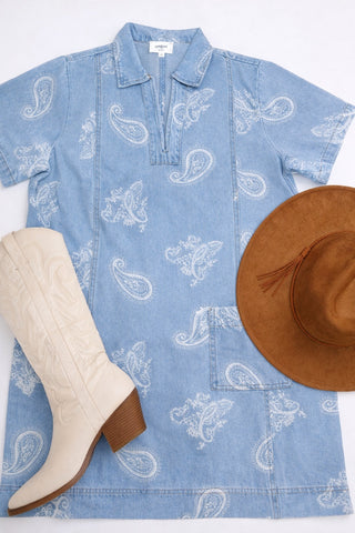 Denim Paisley Print Short Sleeve Dress