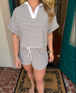 Stripe Collared Shorts Set-Saturday Steal