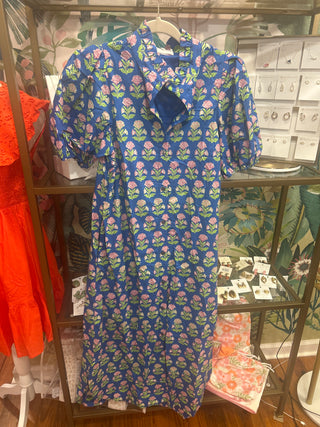 Botanical Print Puff Sleeve Midi Dress