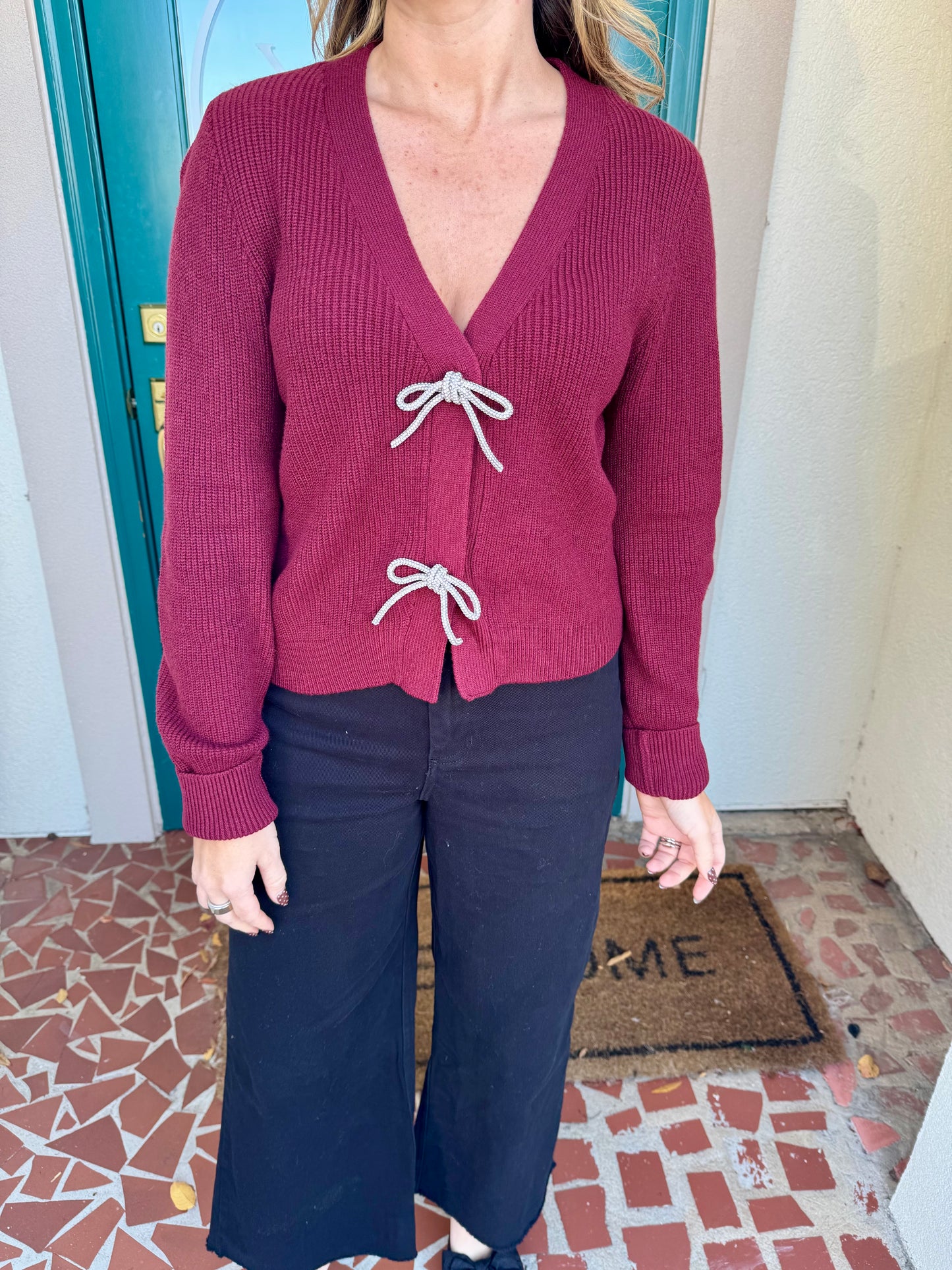 Front Jewel Bow Detail Cardigan