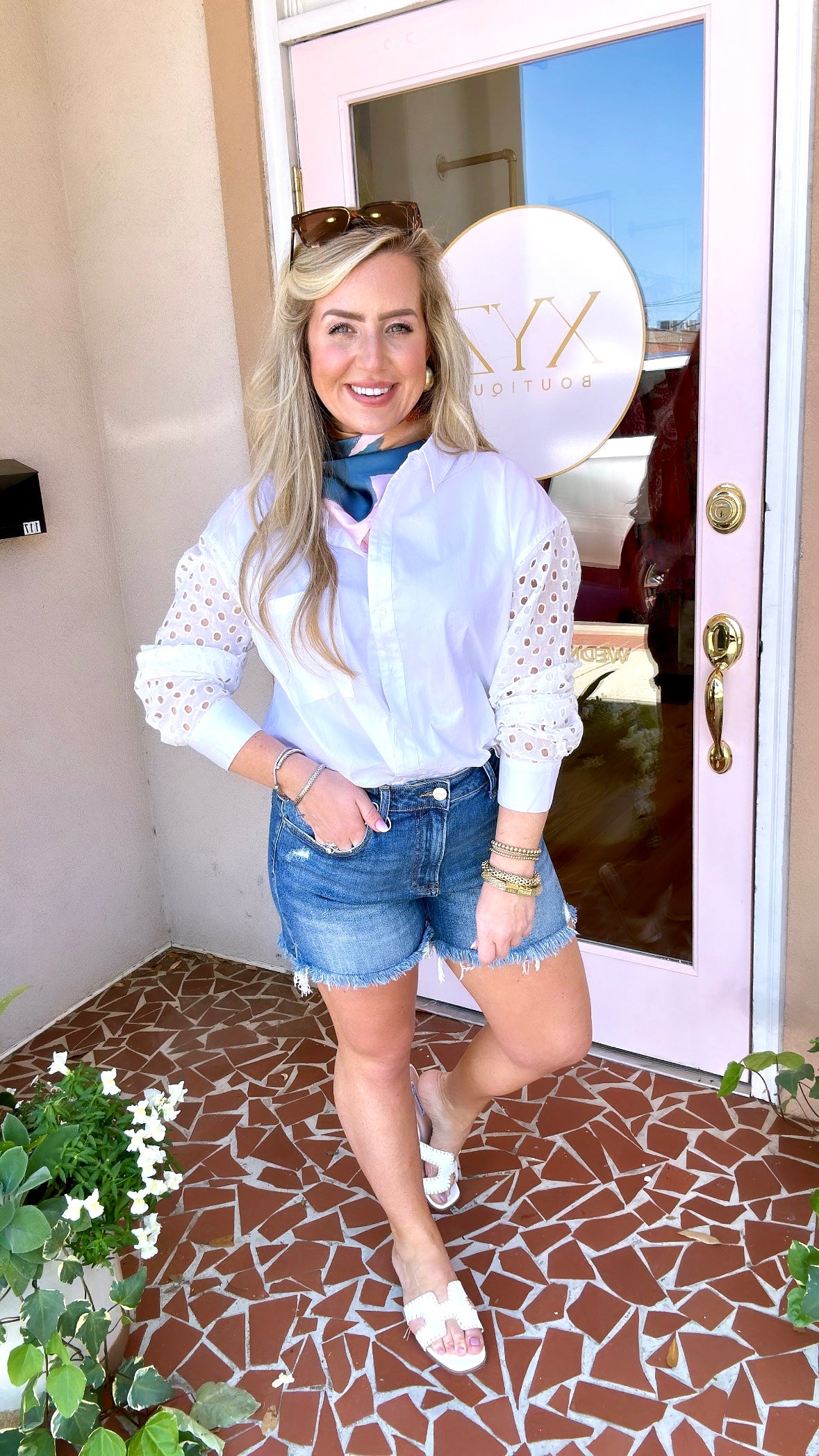 White Eyelet Button Down Top