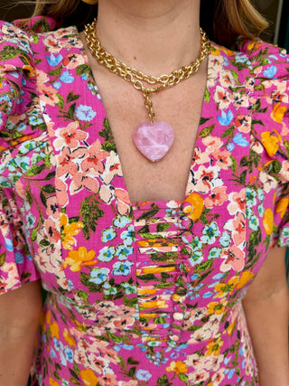 Gold Chain with Pink Natural Stone Heart 42"