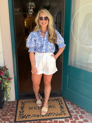 Blue Ruffle V-neck Smocked Puff Sleeve Blouse