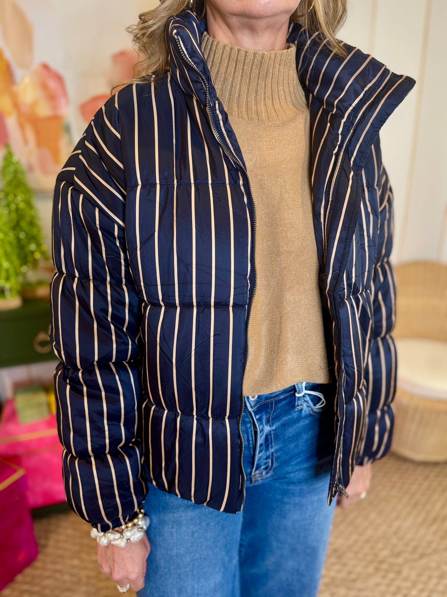 Striped High Neck Puffer Jacket