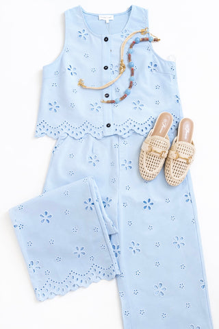 Light Blue Eyelet Wide-Leg Pants