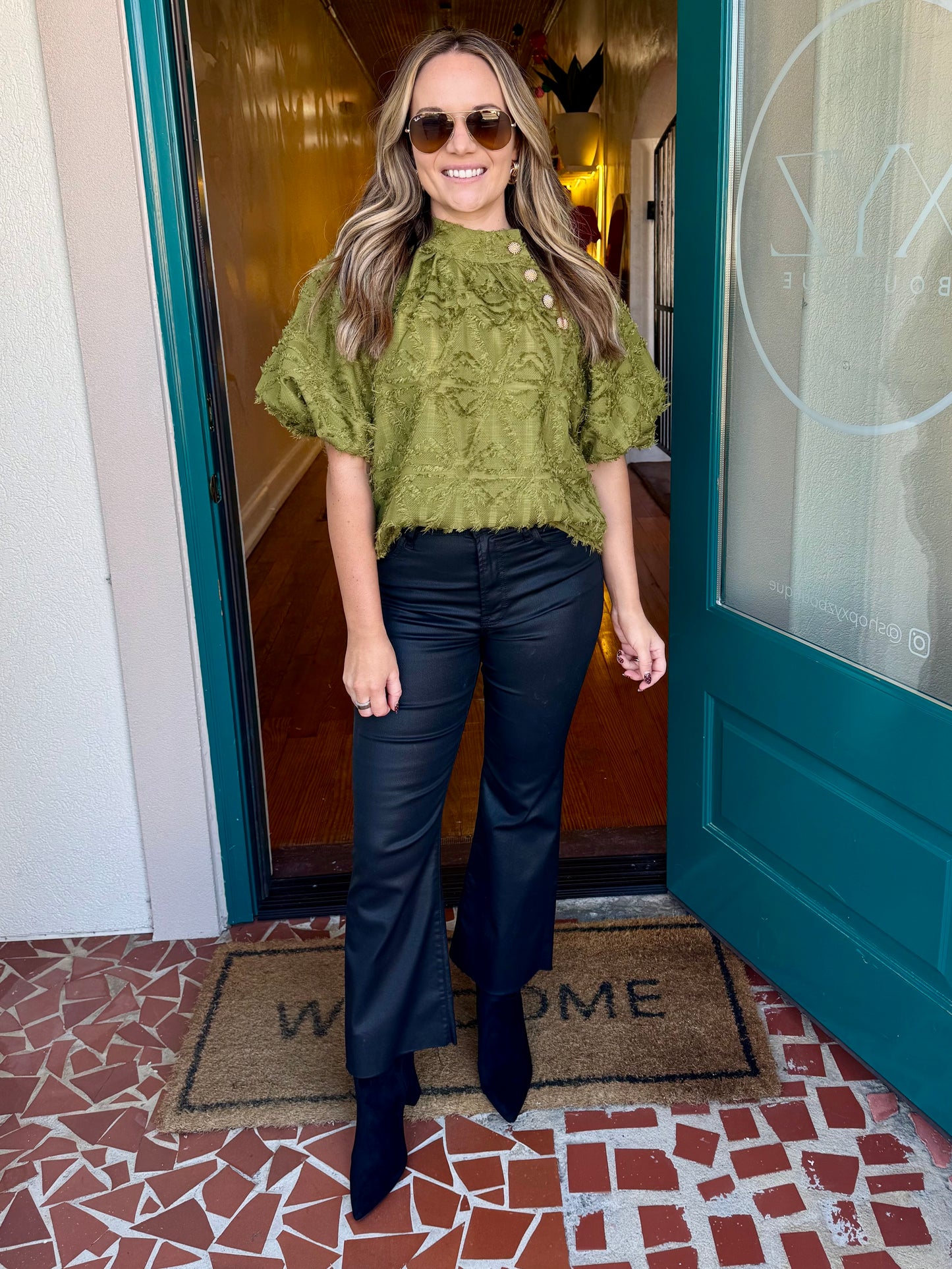 Green Textured Puff Sleeve Button Top