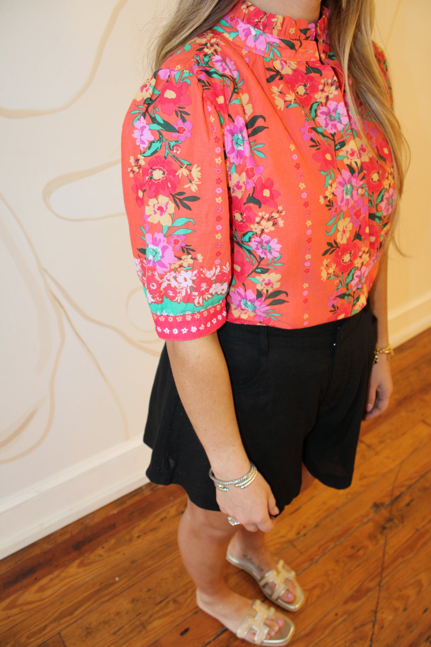 Orange Border Sleeve Button Down Top