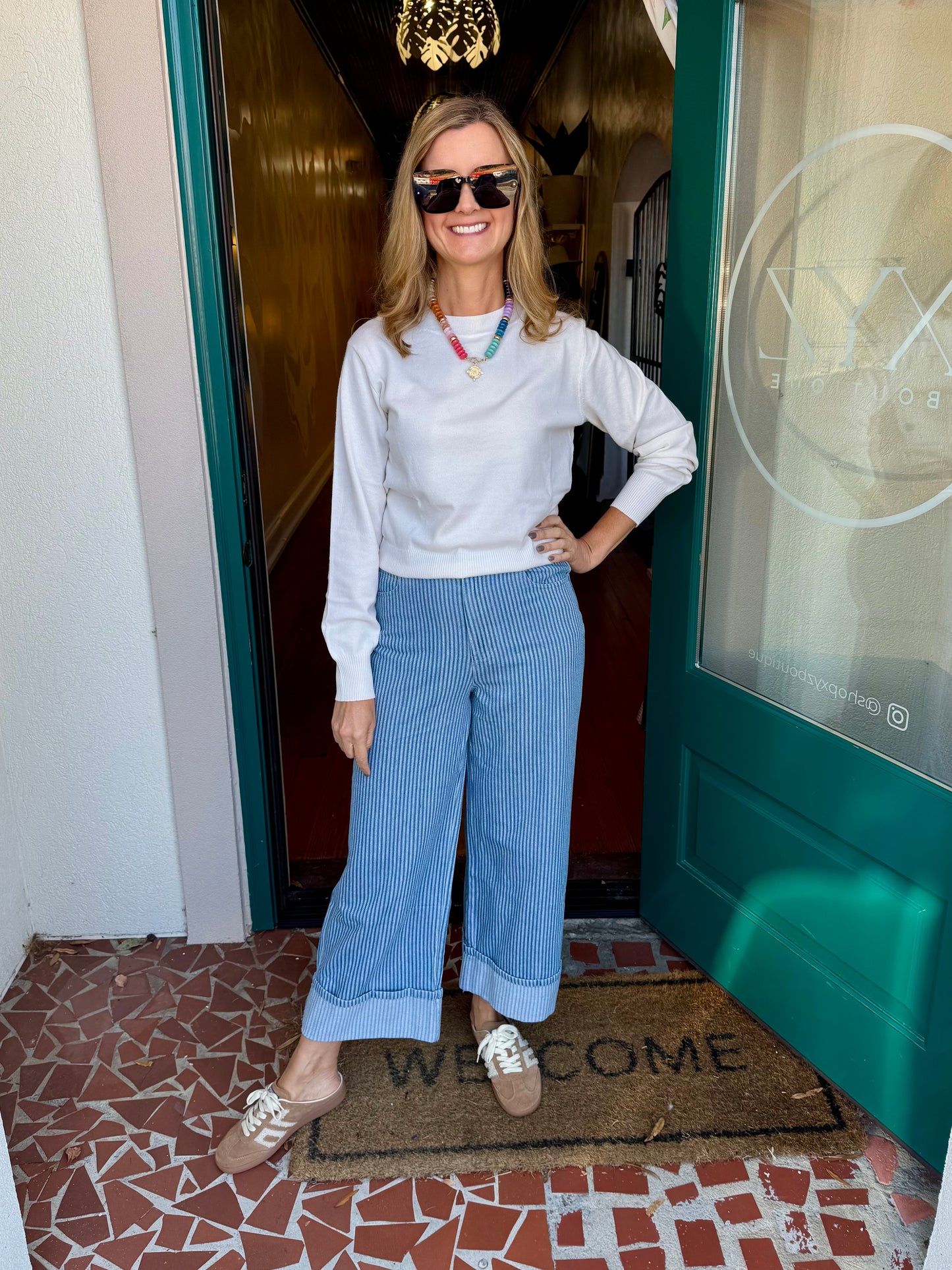 Stripe Pattern Mid-Rise Ankle-Length Denim