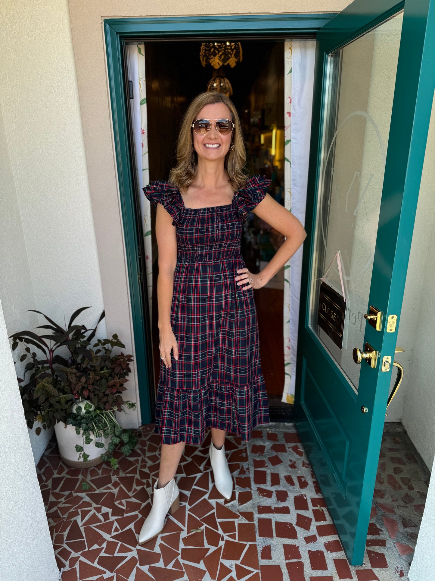 Chapman Plaid Girona Smocked Ruffle Midi Dress