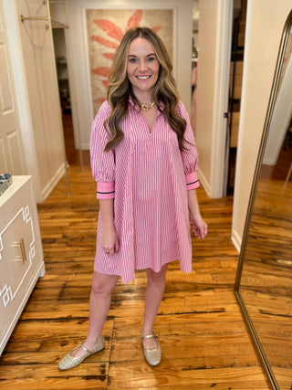 Mock Neck Band Puff Sleeve Dress