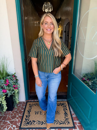 Striped V-neck Short Sleeve Top-Saturday Steal