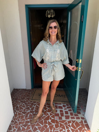 Embroidered Button Down Collared Romper