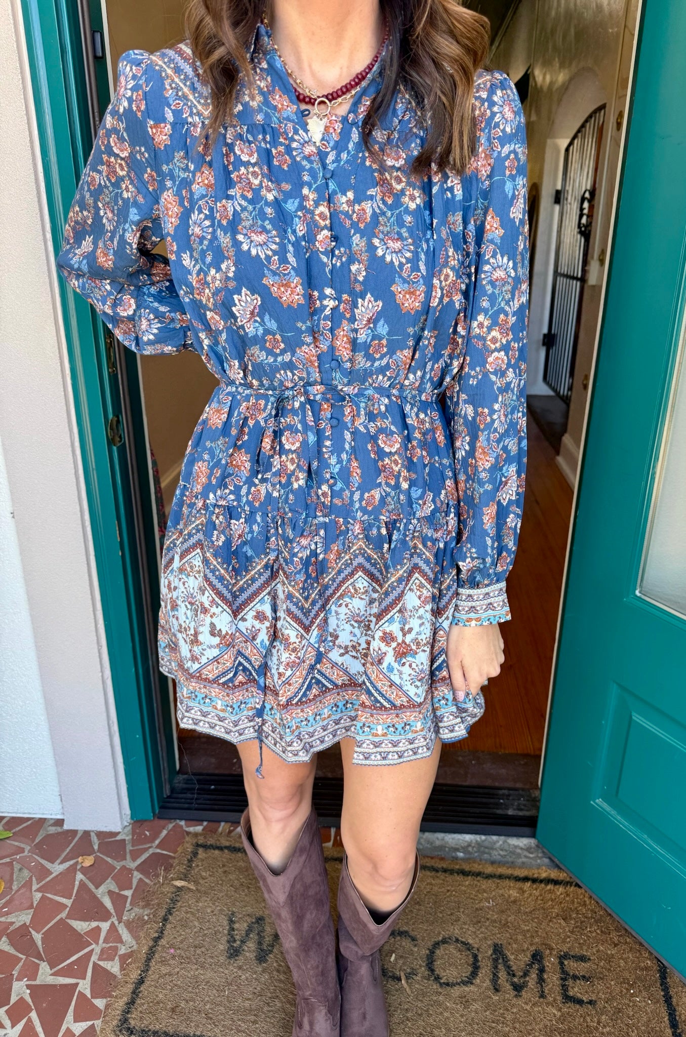 Border Print Tie Waist Dress