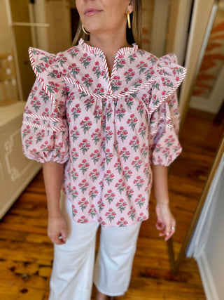 Puff Half Sleeve Woven Floral Contrast Piping Top