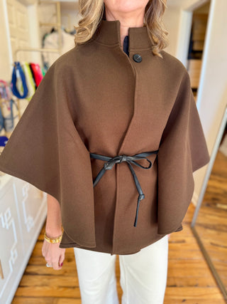 Funnel Neck Faux Leather Belt Cape