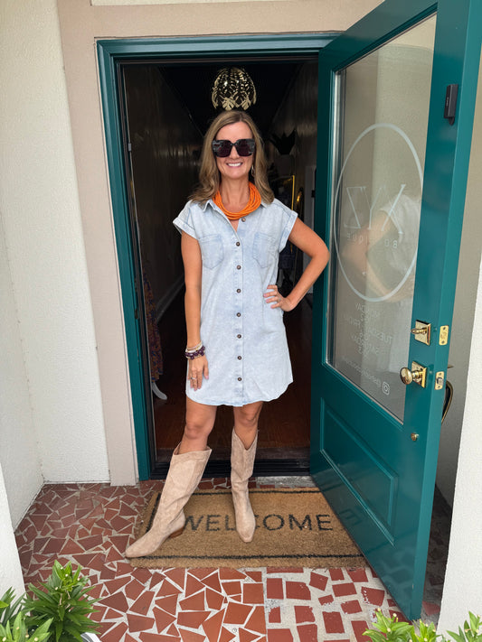 Folded Cuff Button Down Washed Twill Shirt Dress