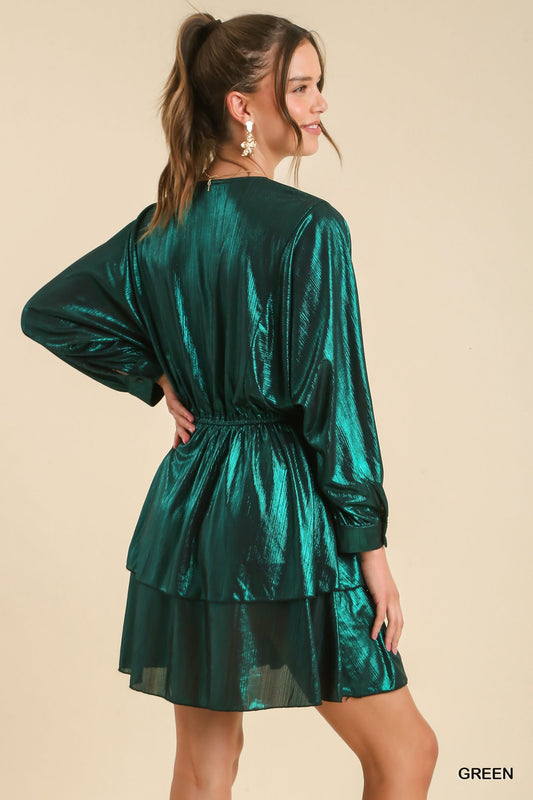 Emerald Surplice Metallic Tiered Dress