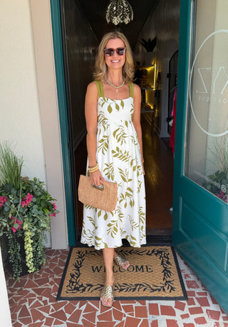 Leaf Print Back Tie Midi Dress