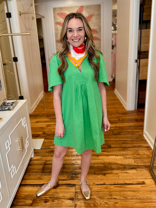 Green V-Neck Classic Dress