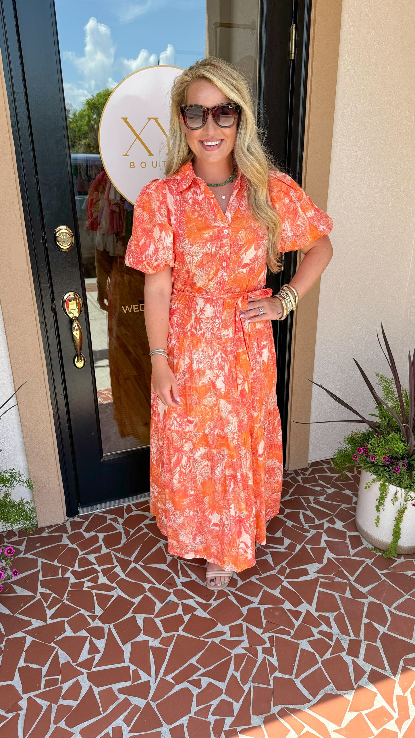 Tangerine Palm Print Dress