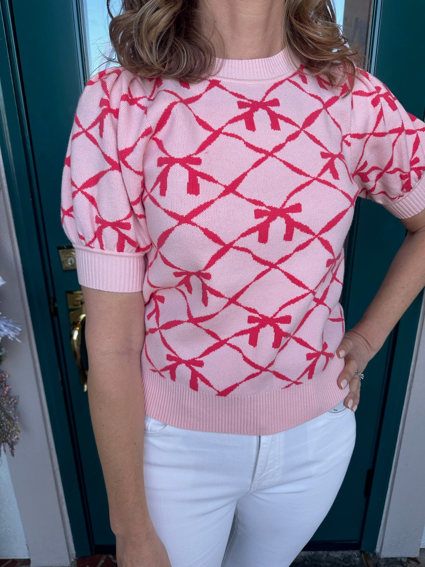 Bow Pattern Short Sleeve Sweater