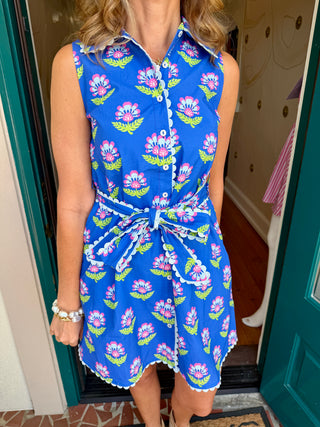 Floral Print Contrast Scalloped Trim Detail Dress