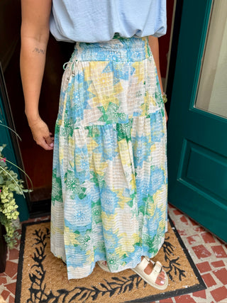 Abstract Pattern Smocked Midi Skirt
