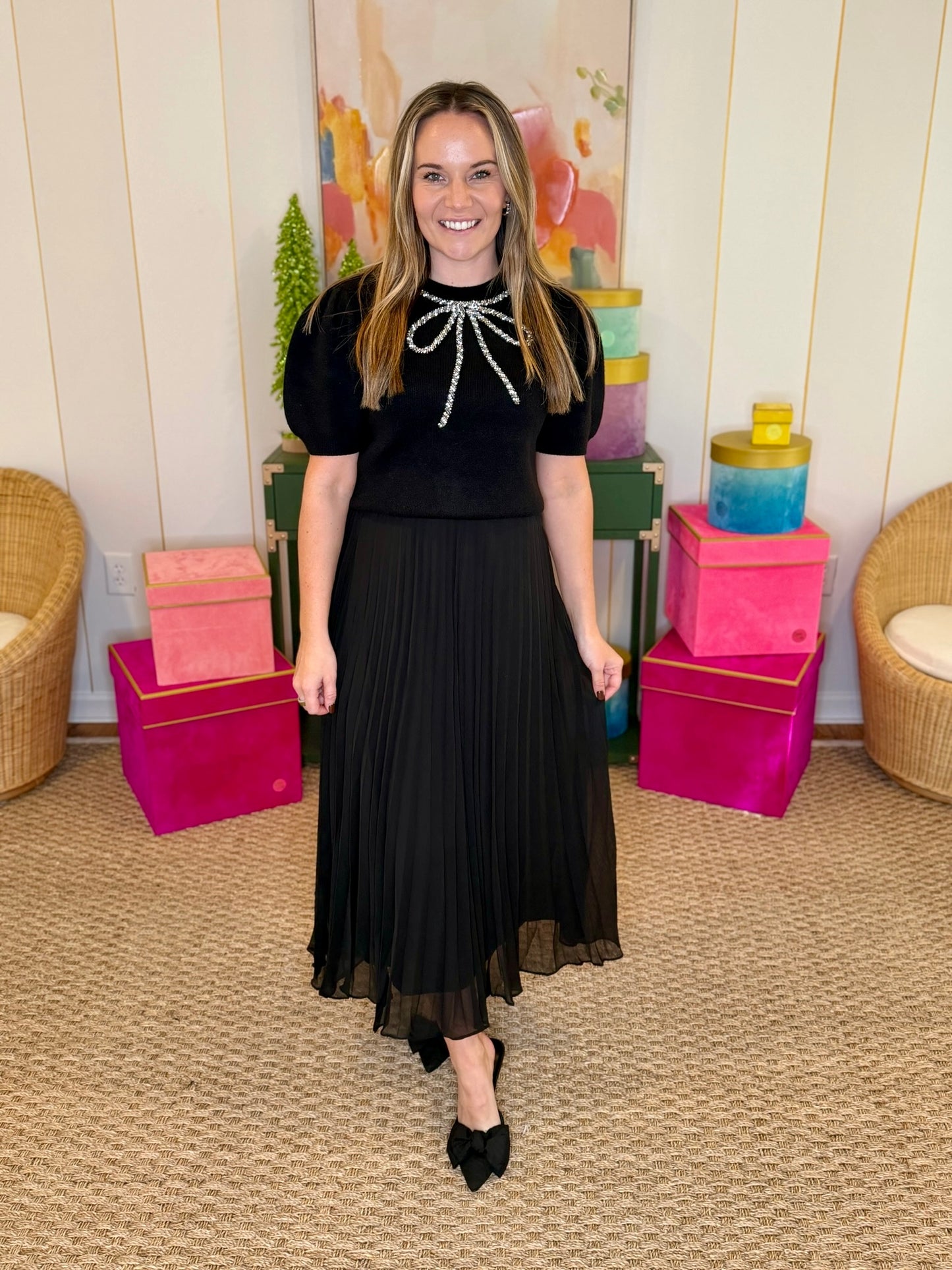 Half Sleeve Beaded Bow Sweater Top